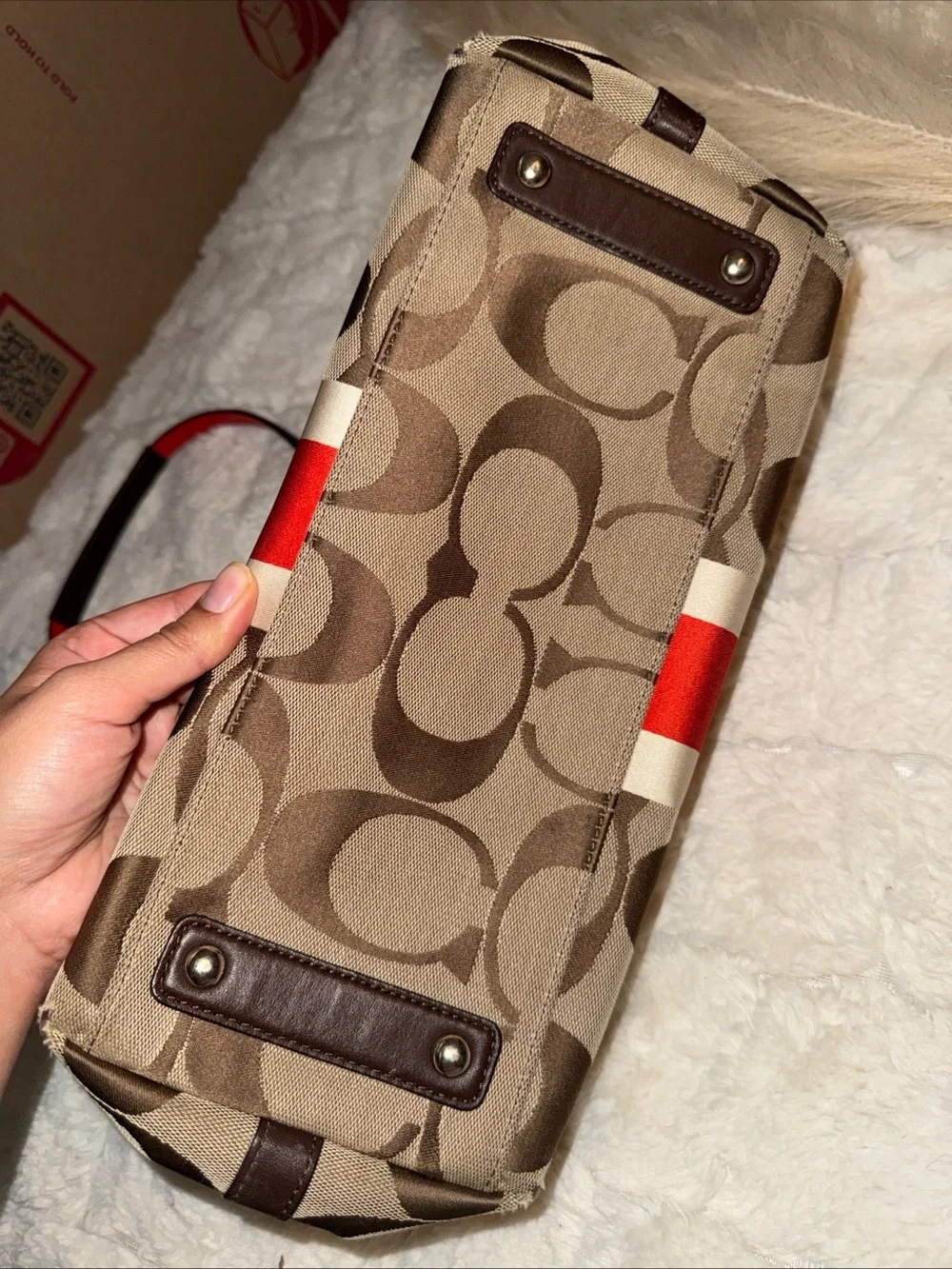 Coach Brown Signature Canvas Tote with Red Center Stripe